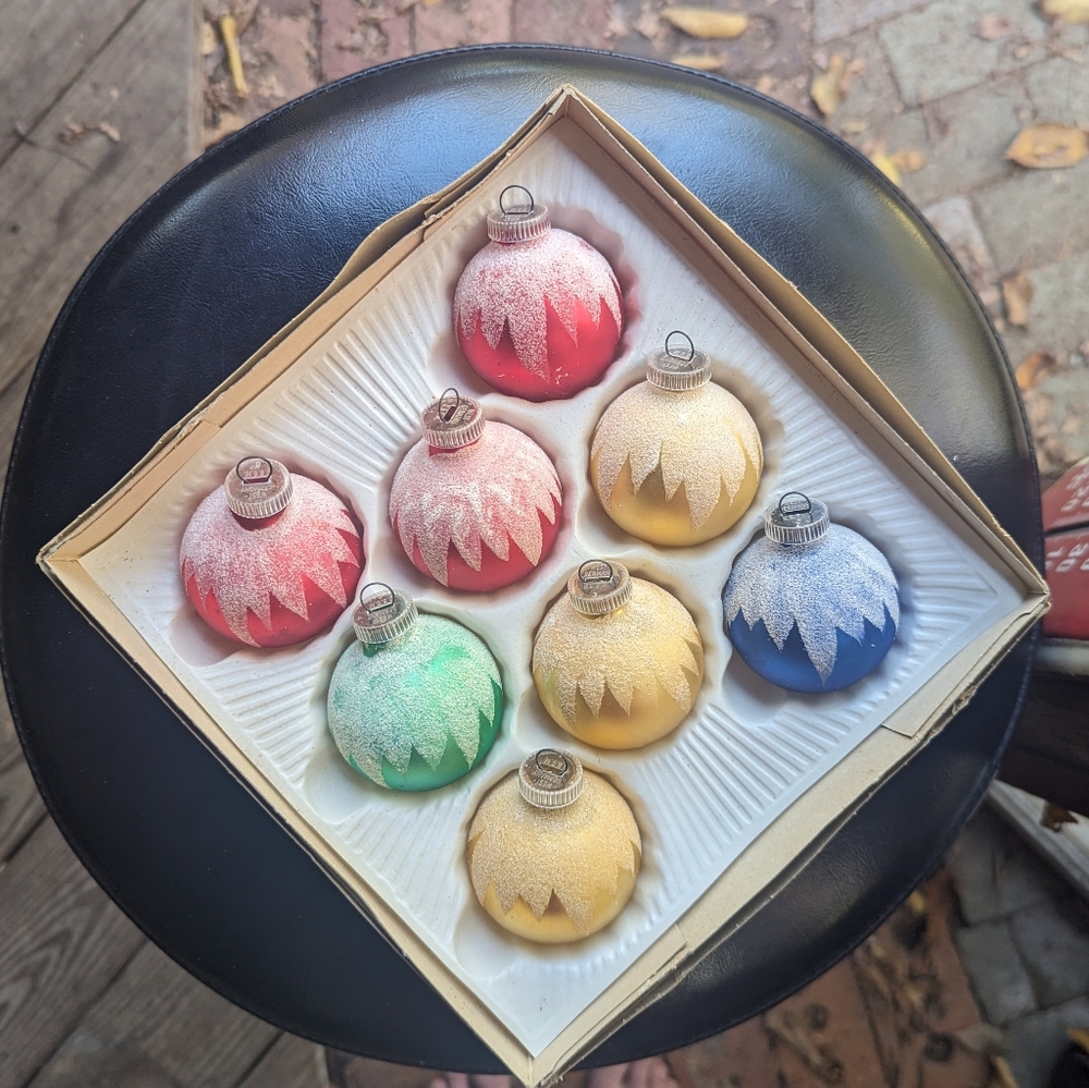 Snow Capped Multi Color Christmas Ornaments 8 Vintage Original Box